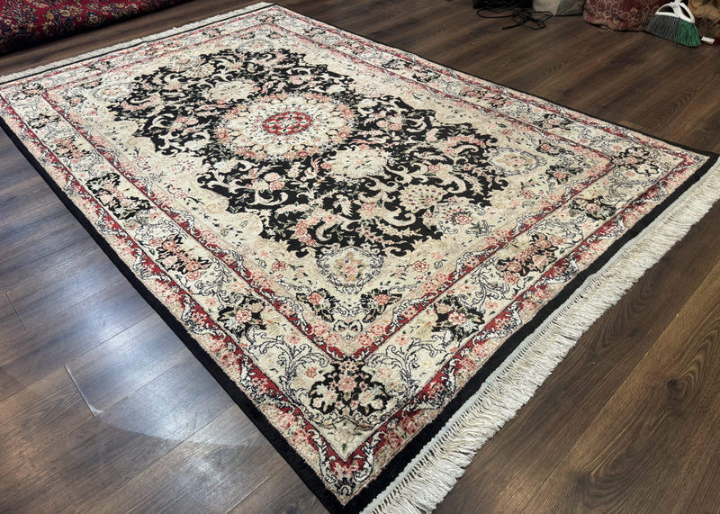 Indian Kashmiri Silk Rug, Floral Medallion, Vintage Hand Knotted Carpet by Jewel Rugs