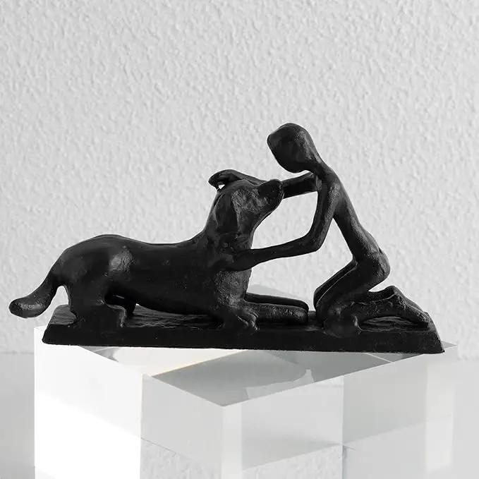 Boy and Dog Statue, Love of Dog Sculpture, Gifts for Dog Lovers, Dog Memorial Gifts for Man and Boy, Cast Iron, Black by GreenHaven Gardens