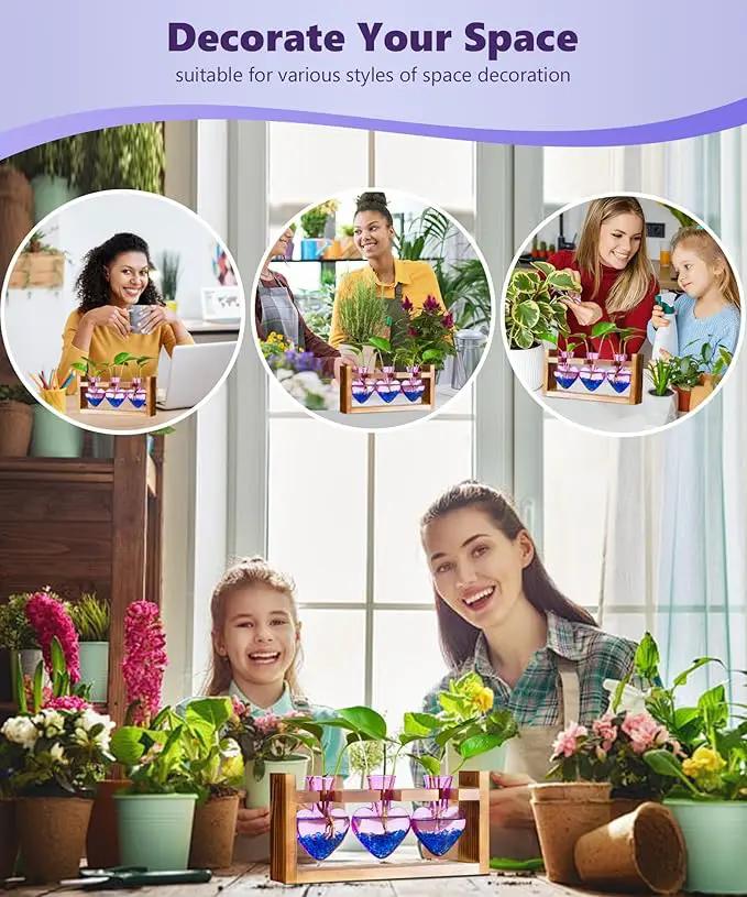 Nacome Plant Terrarium for Office Decor: Birthday Gifts for Plant Lovers Women Mom Wife - Wooden Stand Tabletop Planter 3 Bulb Glass Vase Heart Shaped for Hydroponics Indoor Home(Purple) by GreenHaven Gardens