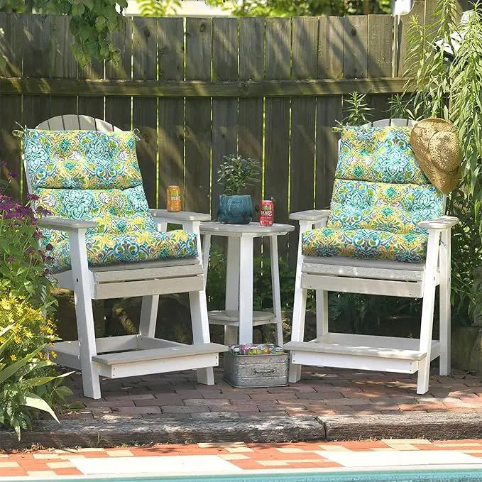 LVTXIII Outdoor Seat/Back Chair Cushion Patio Tufted High Back Cushion, Seasonal Replacement Rocking Chair Cushion with Ties (22” W x 20D”, Set of 2, Damask Green) by GreenHaven Gardens