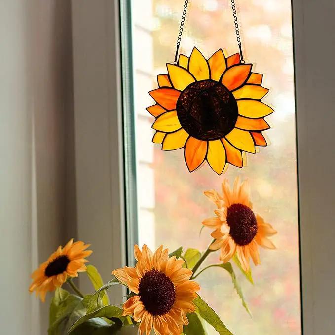 BOXCASA Sunflower Gifts Stained Glass Window Hangings,Sunflower Suncatcher Best Teacher Gifts for Women,Sunflower Decor Suncatcher for Window,Home Decor,Gift for Teacher Mother Grandma by GreenHaven Gardens