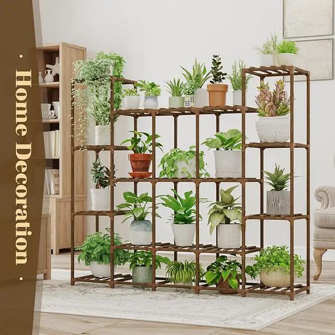 Bamworld Large Plant Stand Indoor Plant Shelf Outdoor Tall Wood Plant Holder for Living Room Multiple Plants Patio Balcony Garden 17 Pots by GreenHaven Gardens