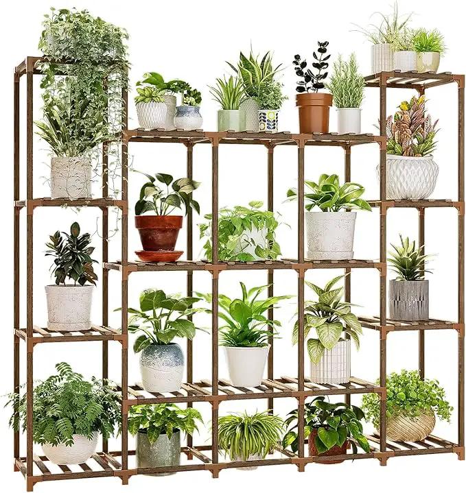 Bamworld Large Plant Stand Indoor Plant Shelf Outdoor Tall Wood Plant Holder for Living Room Multiple Plants Patio Balcony Garden 17 Pots by GreenHaven Gardens