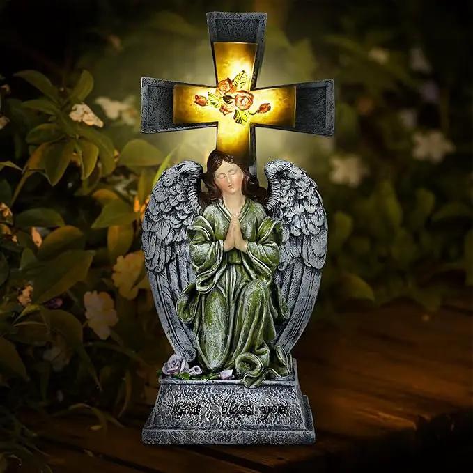 Yiosax-Solar Angels for Cemetery-Garden Statue Lights Decor - Before The Cross on One Knee Wings Praying Angel Figurine Bless You Cemetery Patio Lawn Yard Porch Decorations by GreenHaven Gardens