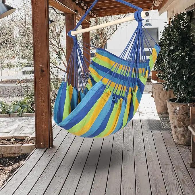Highwild Hammock Chair Hanging Rope Swing - Max 500 Lbs - Steel Spreader Bar with Anti-Slip Rings - for Any Indoor or Outdoor Spaces (Blue Striped) by GreenHaven Gardens