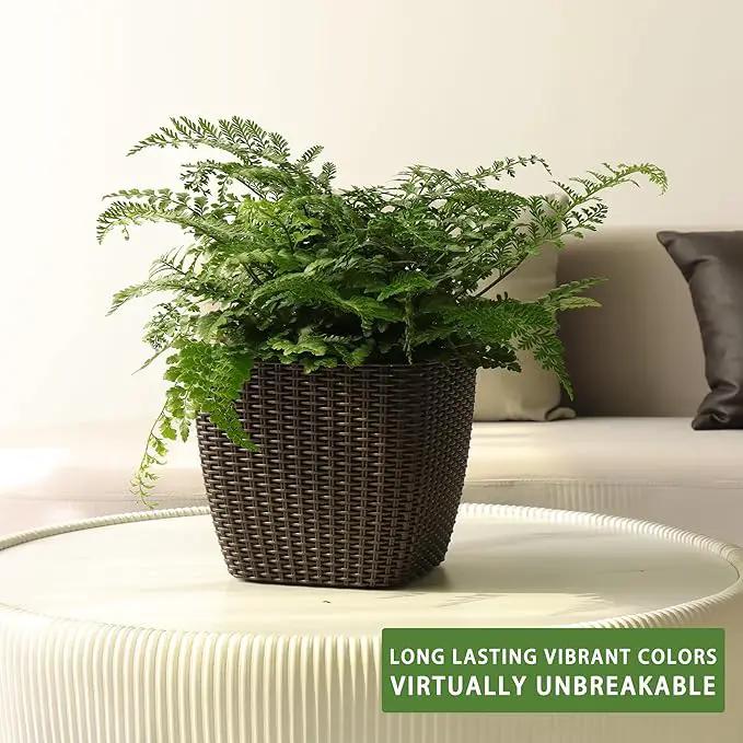 Dexceder 11x10 Self Watering Planter Indoor Outdoor, Inner Mat Design, Thickened Table Flower Plant Pot with Water Level Indicator (Brown Rattan) by GreenHaven Gardens