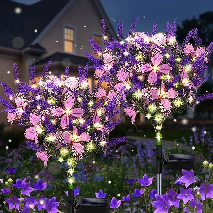 Solar Garden Lights Outdoor, 2 Pack Purple Lavender Solar Butterfly Lights Gardening Gifts for Women, Purple Solar Artificial Flower with Butterfly Purple Garden Decor for Lawn Patio-Warm White by GreenHaven Gardens