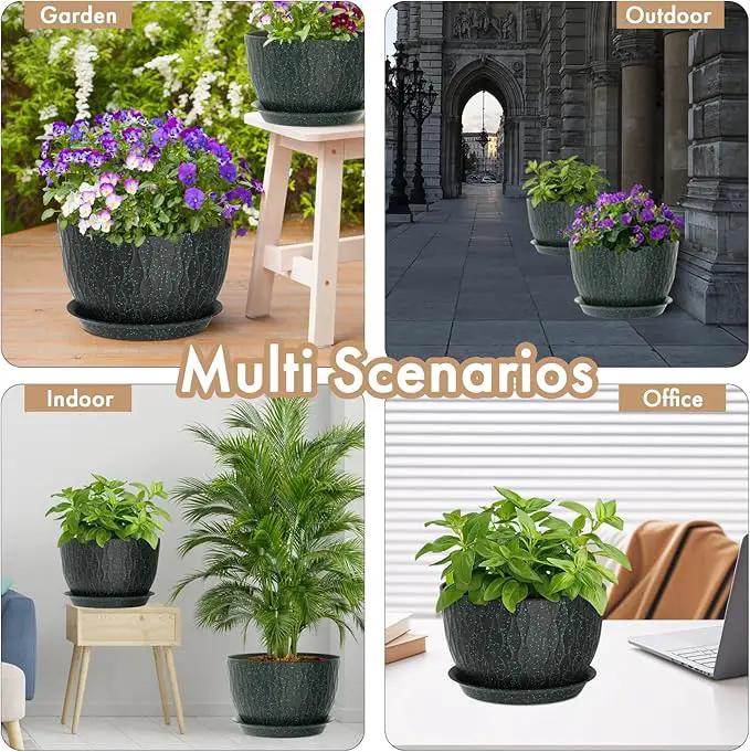 12 Inch Wide Water Ripples Flower Pots for Indoor or Outdoor Plants, Large Plant Pots with Drainage Holes & Saucer, Plastic Planters Set for Garden & Home Decor (Black with Green Speckles) by GreenHaven Gardens