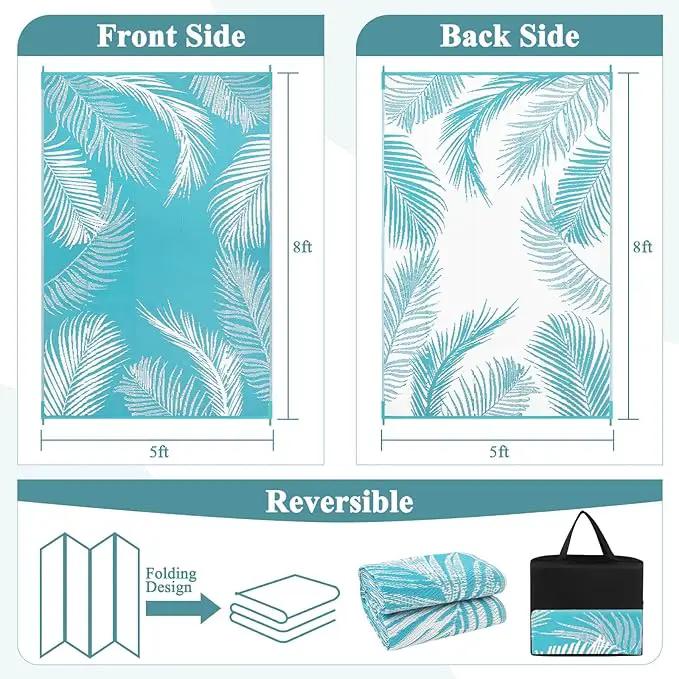 Pauwer Waterproof Outdoor Rug 5x8, Reversible Plastic Straw Patio Camping Rug, Indoor Outdoor RV Mat Carpet for Deck, Camper, Porch, Balcony, Backyard, Picnic, Leaf Teal by GreenHaven Gardens