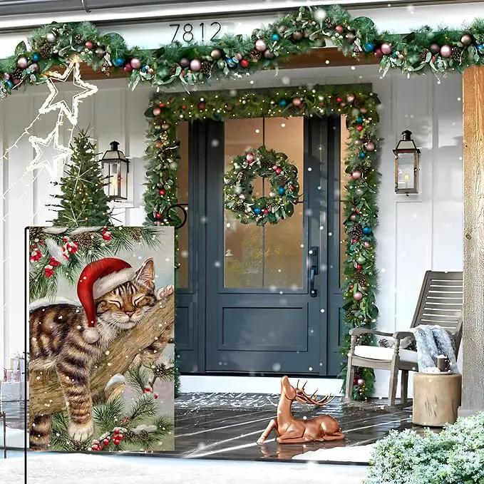 BLKWHT Winter Cat Garden Flag 12x18 Vertical Double Sided Christmas Holiday Outside Decorations Burlap Yard Flag BW738 by GreenHaven Gardens