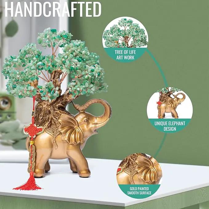 Green Aventurine Crystal Money Tree on Gold Elephant Statue, 17”Large Gemstone Bonsai Tree of Life Home Décor Gifts for Wealth Positive Energy, Feng Shui Décor by GreenHaven Gardens