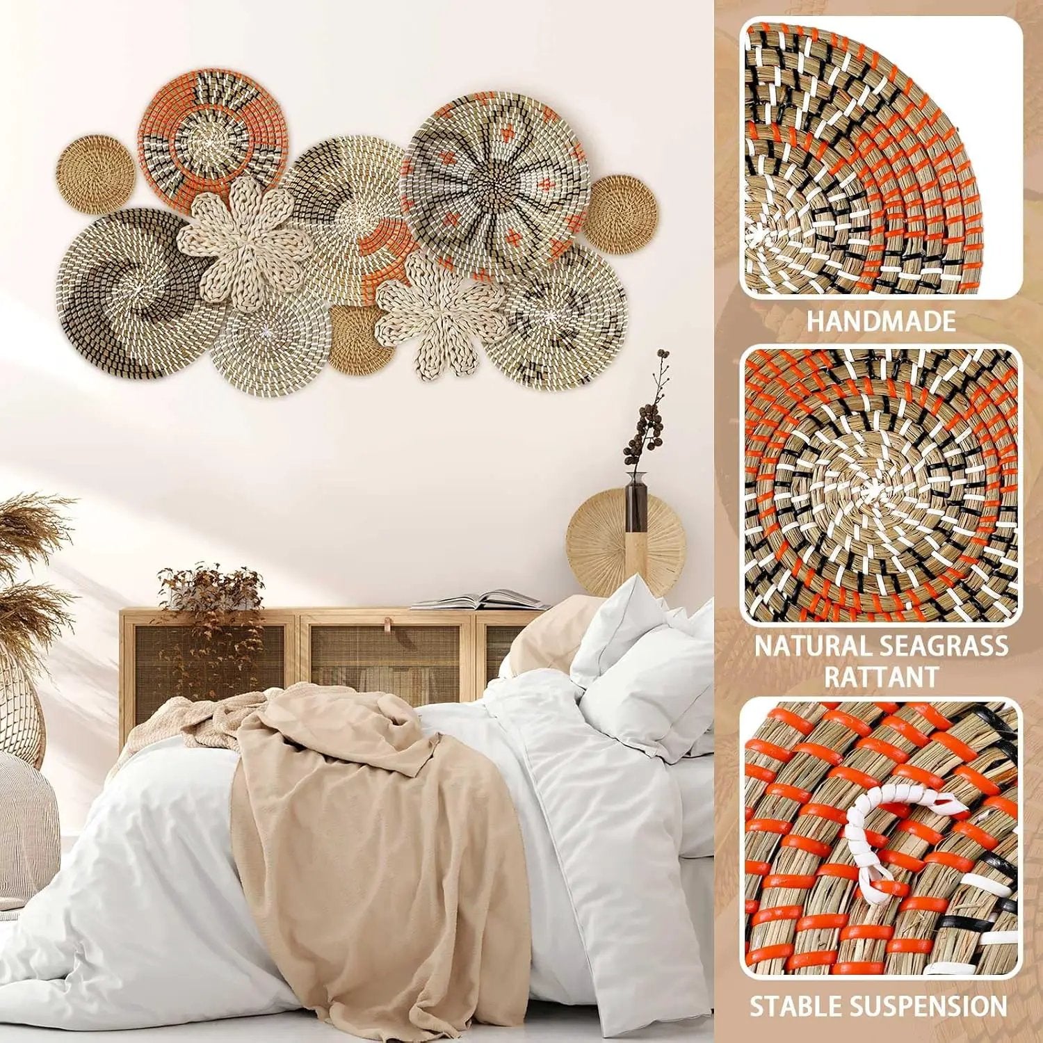 11 Pcs Boho Hanging Wall Basket Decor Handmade Woven Basket Wall Decorative Boho Wicker Baskets Placemats Round Farmhouse Bulrush Art for Rustic Home Decorations Christmas Gift(Cute) by GreenHaven Gardens