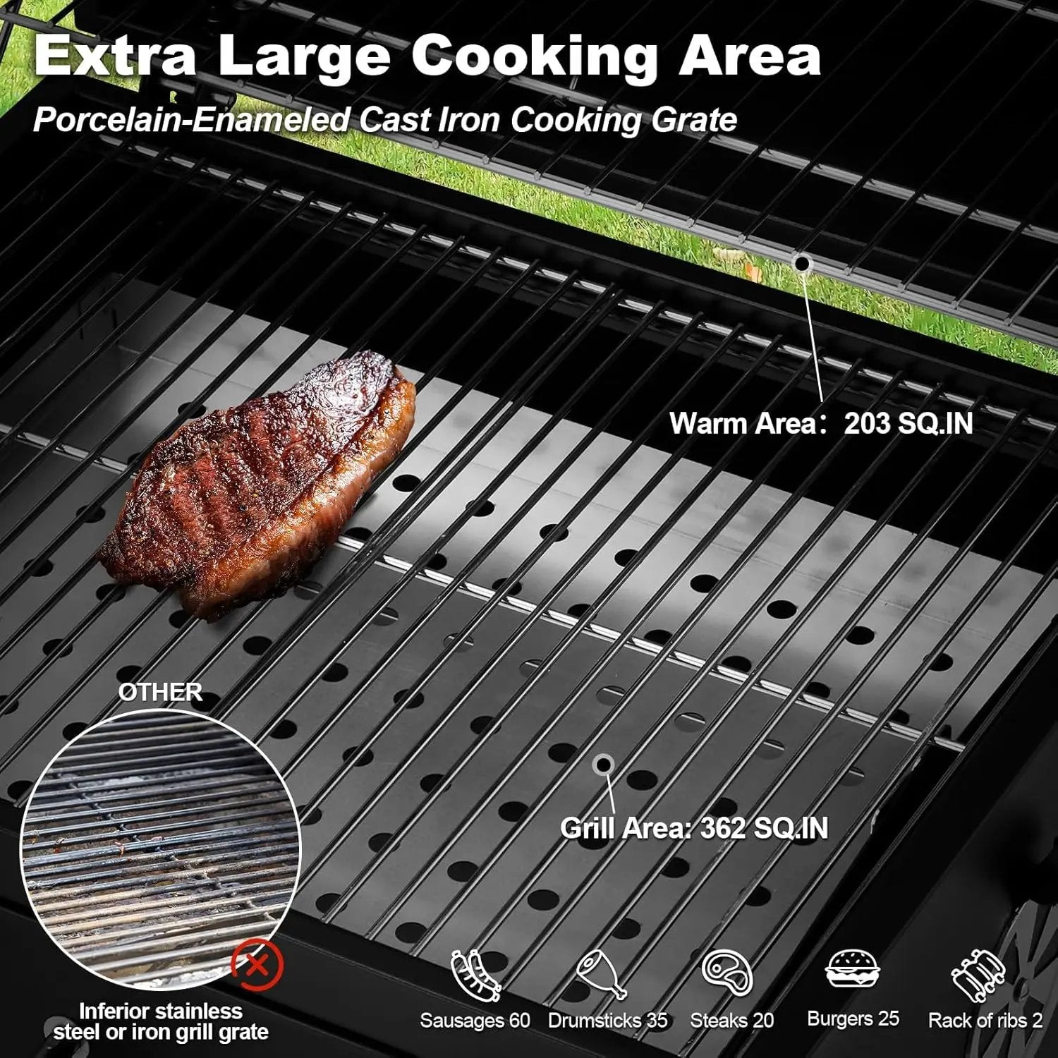 MELLCOM Charcoal Grill with Wood Foldable Side Table - 338 Sq.In BBQ Area with Individual Lifting Charcoal Trays & Thermometer, Movable Charcoal Grill for Outdoor Patio, Garden and Backyard by GreenHaven Gardens