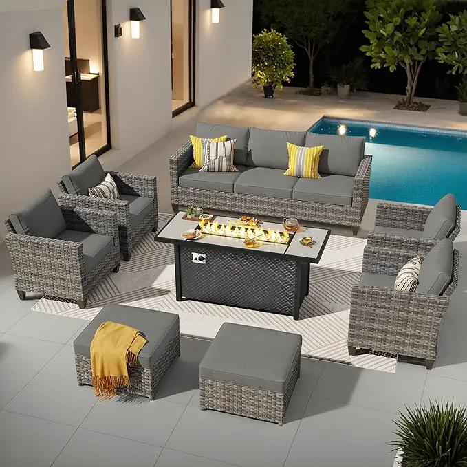 ovios 8 Pieces Patio Furniture Set with 54" Fire Pit Table, Outdoor Wicker Sofa with Comfy Cushions, All Weather High Back Rattan Couch Conversation Set, Dark Grey by GreenHaven Gardens