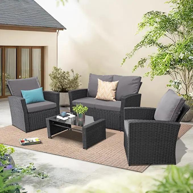 4 Piece Outdoor Patio Furniture Set,Wicker Conversation Sets Outdoor Sectional Patio Sofa Couch with Cushions & Coffee Table for Outside, Garden, Balcony, Porch,Black/Grey by GreenHaven Gardens