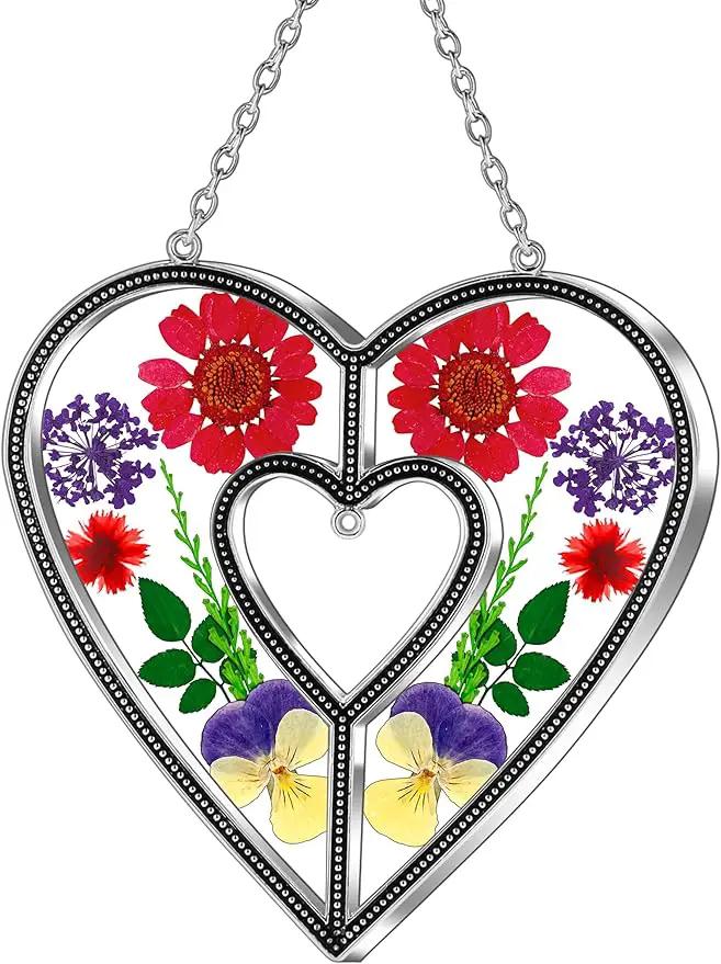 KY&BOSAM Heart Suncatchers DIY Stained Glass Hangings for Windows Wind Chimes Home Gardner Decor with Pressed Real Flowers Heart No Charm Birthday Gifts for Women Mother`s Day Christmas Ornamets by GreenHaven Gardens
