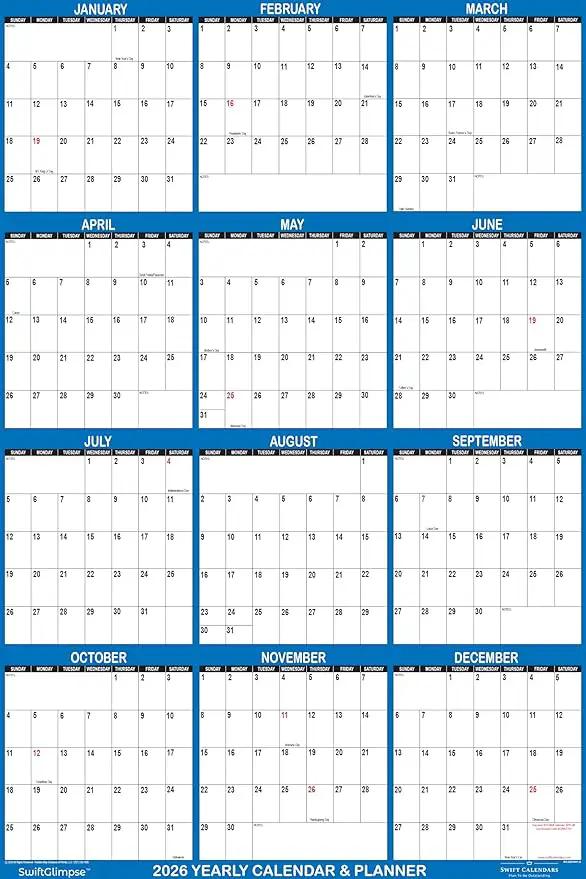 24" x 36" SwiftGlimpse 2026 Paper Folded Wall Calendar Large 12 Month Annual Yearly Wall Planner, Reversible, Horizontal/Vertical, Navy by GreenHaven Gardens