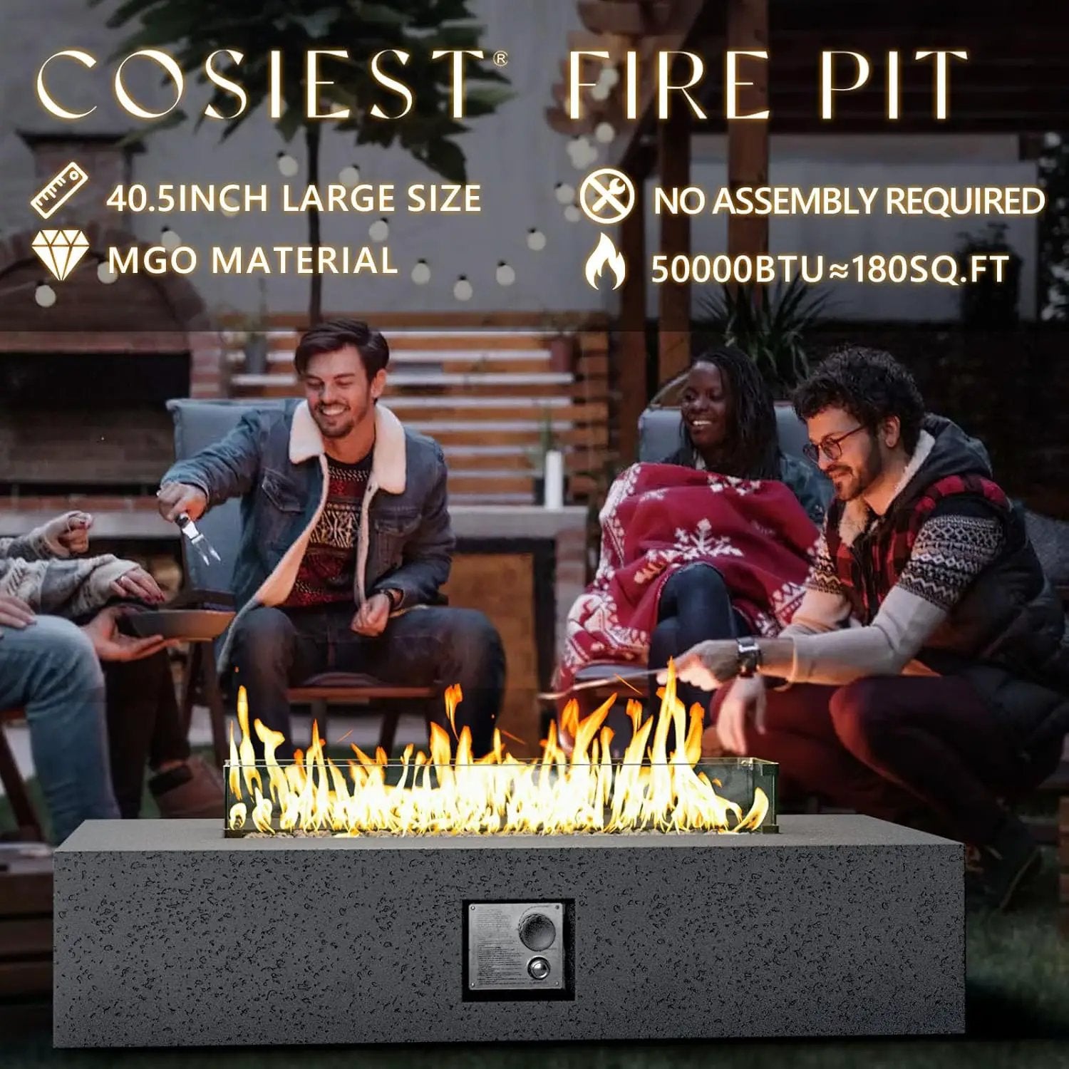 COSIEST 56 x 28 inch Outdoor Propane Fire Pit Coffee Table w Concrete Rectangle Base, CSA Certified, 50,000 BTU, Free Lava Rocks and RainCover, Fits 20lb Tank Outside, Wind Guard, Tank Cover, Gray by GreenHaven Gardens