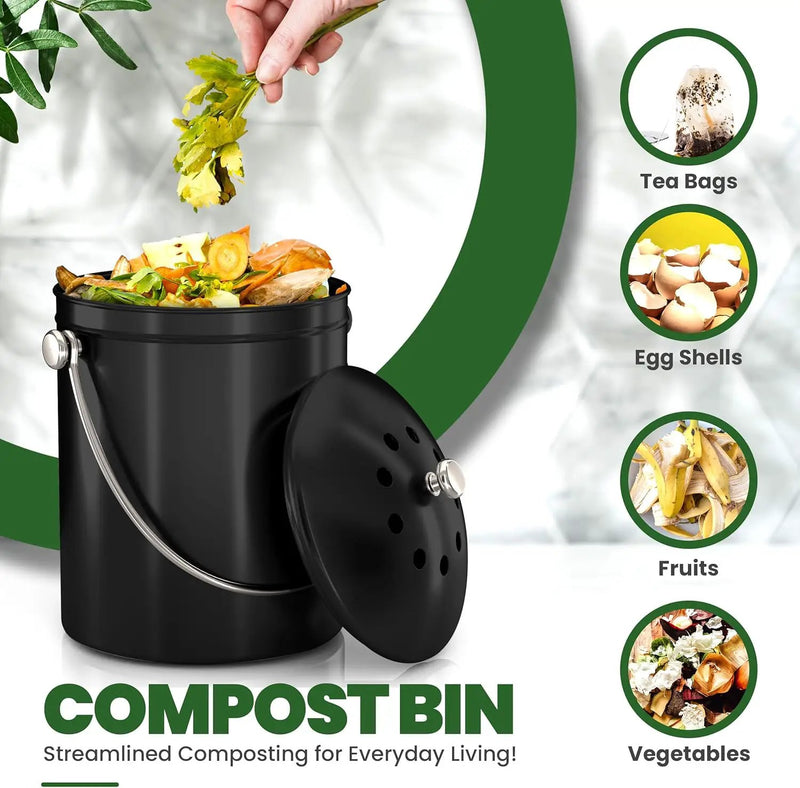 Utopia Kitchen Compost Bin for Kitchen Countertop, 1 Gallon Compost Bucket for Kitchen with Lid, Includes 1 Spare Charcoal Filter (Black) by GreenHaven Gardens