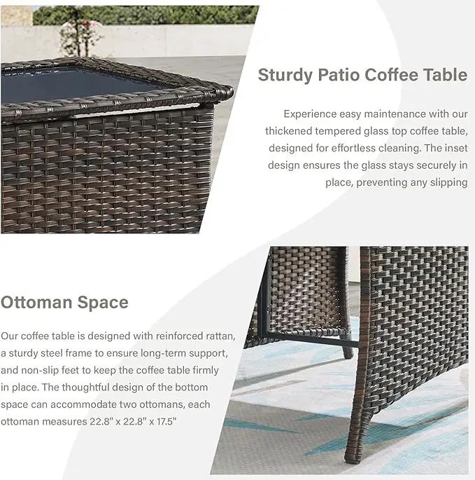 5 Piece Outdoor Patio Furniture Set - Outdoor Conversation Couch and Loveseat Glider Chair Furniture Set with Rattan Coffee Table for Deck Balcony Poolside Brown Wicker/Blue Cushions by GreenHaven Gardens
