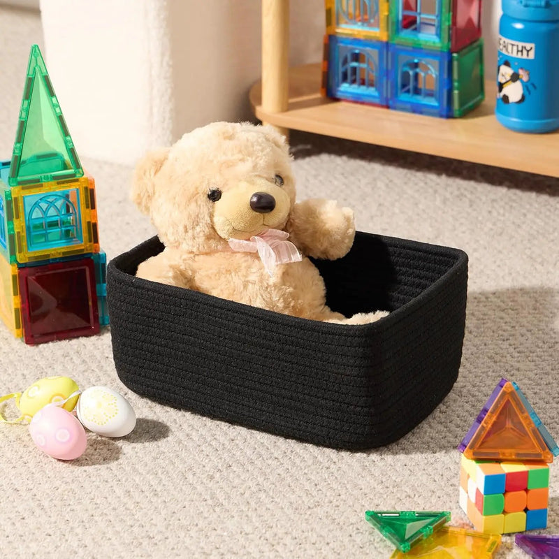 Small Storage Baskets for Organizing | Closet Organizer Bins | Shelf Toy Basket | Woven Rope Baskets | Cube Decorative Box | Shallow Basket | 11.5x7.5x4.7” | 3 Packs Black by GreenHaven Gardens