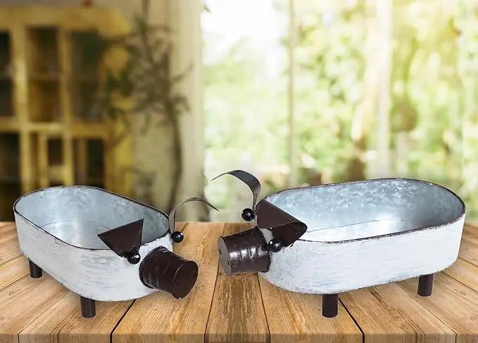 Galvanized Metal White Washed Farmhouse Pig Tray Distressed Pig Tabletop Centerpiece Décor Set of 2 by GreenHaven Gardens