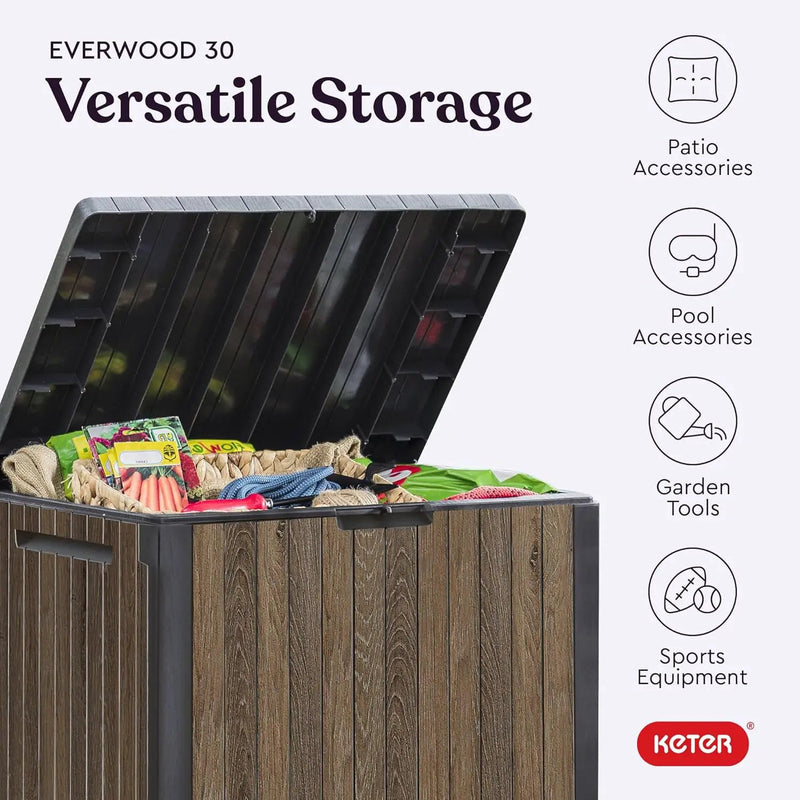 Keter Signature Everwood 30 Gallon Resin Outdoor Storage Box and Patio Furniture Side Table for Pool and Garden Accessories, Walnut by GreenHaven Gardens