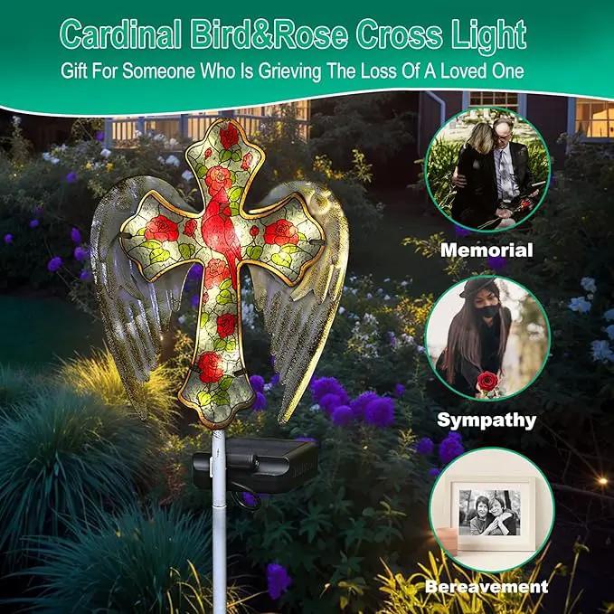 YJFWAL Cardinal Bird&Rose Cross Garden Stake Light, Solar Glass Cross for Cemetery Grave, Jesus Cross Angel Wings Sympathy Memorial Gifts, Halloween Christmas Garden Lawn Yard Patio Decor by GreenHaven Gardens