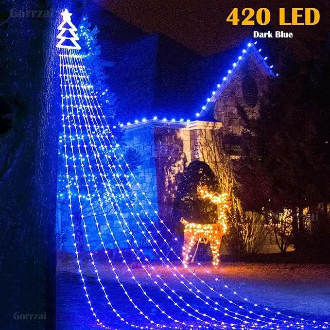 Outdoor Christmas Decorations Star String Lights 420 LED Waterproof Waterfall Lights with Christmas Tree Topper, 8 Lighting Modes Tree for Yard Patio Garden Party (Blue) by GreenHaven Gardens