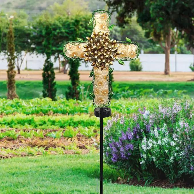 38inch Solar Cross Garden Lights Outdoor Decorative - Solar Metal&Glass Cross Apricot Hydrangea Flower Stake Lights- Waterproof 20 White LED for Remembrance Gifts & Sympathy Gifts by GreenHaven Gardens