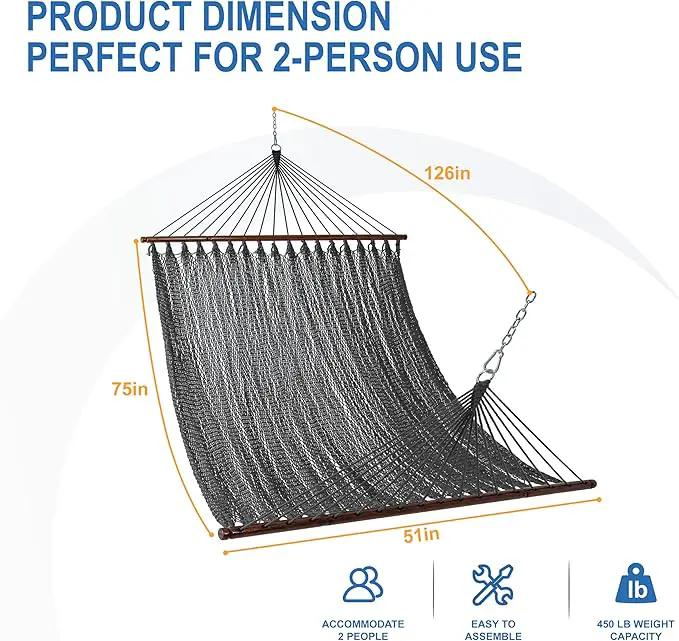 Lazy Daze Hammocks 10.5 FT Double 2 Person Caribbean Rope Hammock, Hand Woven Polyester Hammock with Spreader Bars, for Outside Outdoor Backyard Patio Poolside,450 LBS Capacity, Gray by GreenHaven Gardens