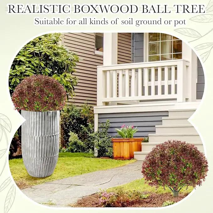 Yunlly 2 Pack 18" Artificial Boxwood Ball Bush Topiary Trees Fake Outdoor Plants, Realistic UV Resistance Faux Shrubs with Spike Greenery Topiary for Front Porch Garden Yard Patio Indoor (Dark Red)