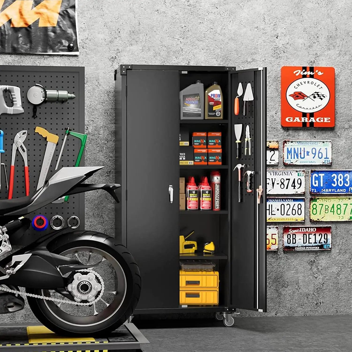 Garage Storage Cabinet with Wheels & Pegboard, 72" H Locking Metal Storage Cabinet with Doors and 4 Adjustable Shelves for Garage Workshop Home, Assembly Required, Black by GreenHaven Gardens