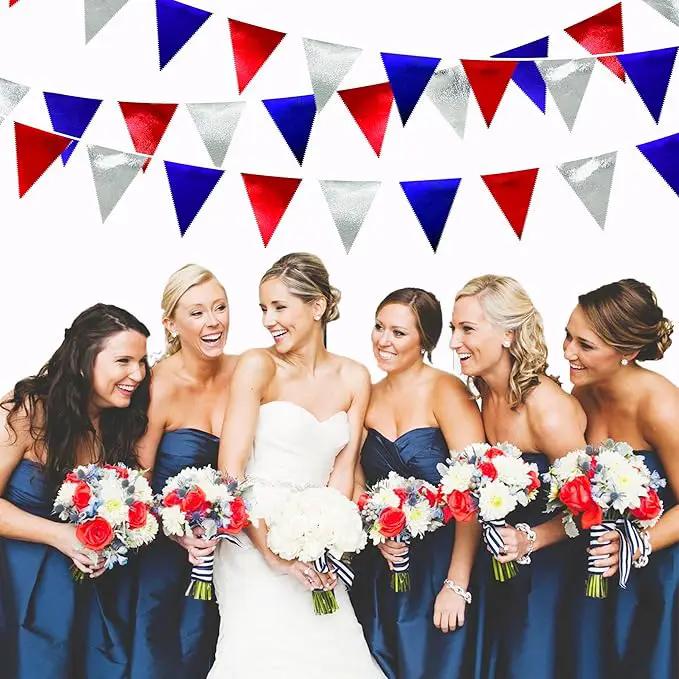 Red Blue Silver Party Decorations Metallic Fabric Triangle Pennant Banner Flag Bunting Garland for Graduations 4th of July American USA National Day Patriotic Veterans Birthday Outdoor Party Supplies by GreenHaven Gardens