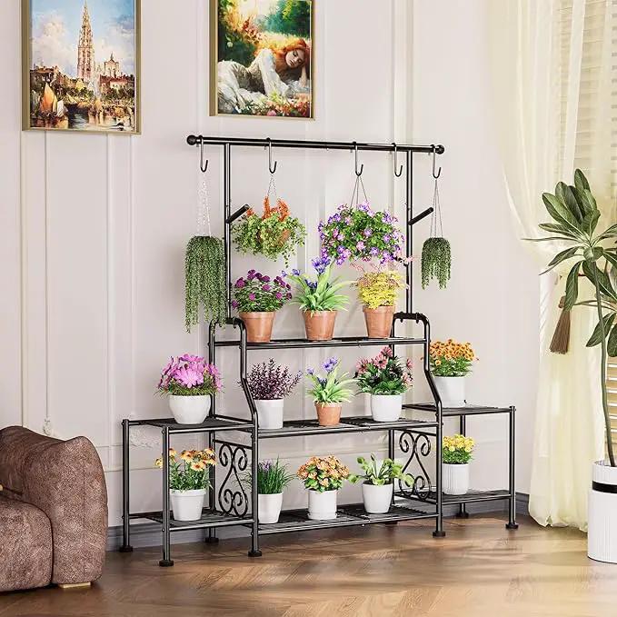 GIOTORENT 3-Tier Tall Metal Plant Stand Indoor Outdoor - Heavy Duty Plant Shelf for Garden, Patio, Balcony with 5 Hanging Hooks, Holds 16-25 Plants, Black by GreenHaven Gardens