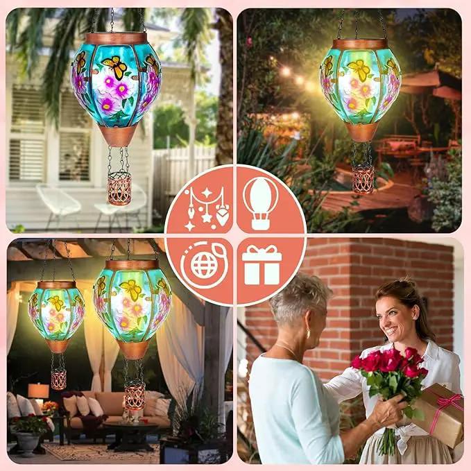 Solar Hot Air Balloon Lantern with Flame， Butterfly Glass Outdoor Solar Lanterns for Outside Hanging Farmhouse Patio Pathway Decor, Butterfly Gifts for Women Grandma Mom by GreenHaven Gardens