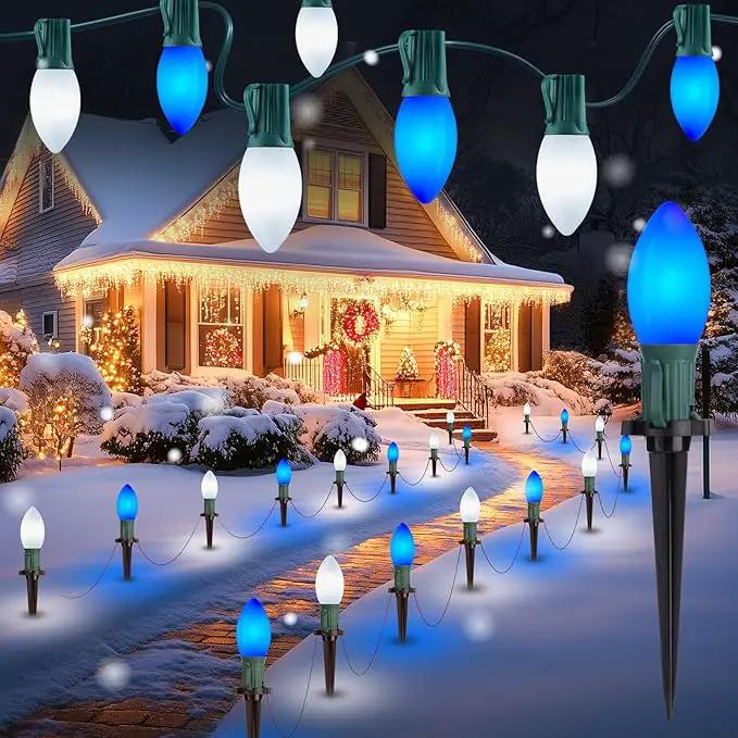 Brightown Frosted C9 LED Christmas Lights Outdoor, 32Ft Christmas Pathway Lights with 25 LED Bulbs and Stakes, Christmas Decorations Outside Driveway Walkway Sidewalk, Blue and White by GreenHaven Gardens