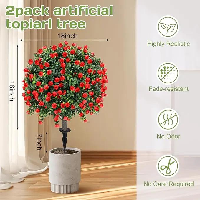 Artificial Red Rose Topiary Ball Tree 25" with Ground Spike, Set of 2 Artificial Boxwood Bushes for Faux Shrubs, Fake Evergreen Faux Plant for Indoor Outdoor Porch Garden -UV Resistant–Fade-Proof by GreenHaven Gardens
