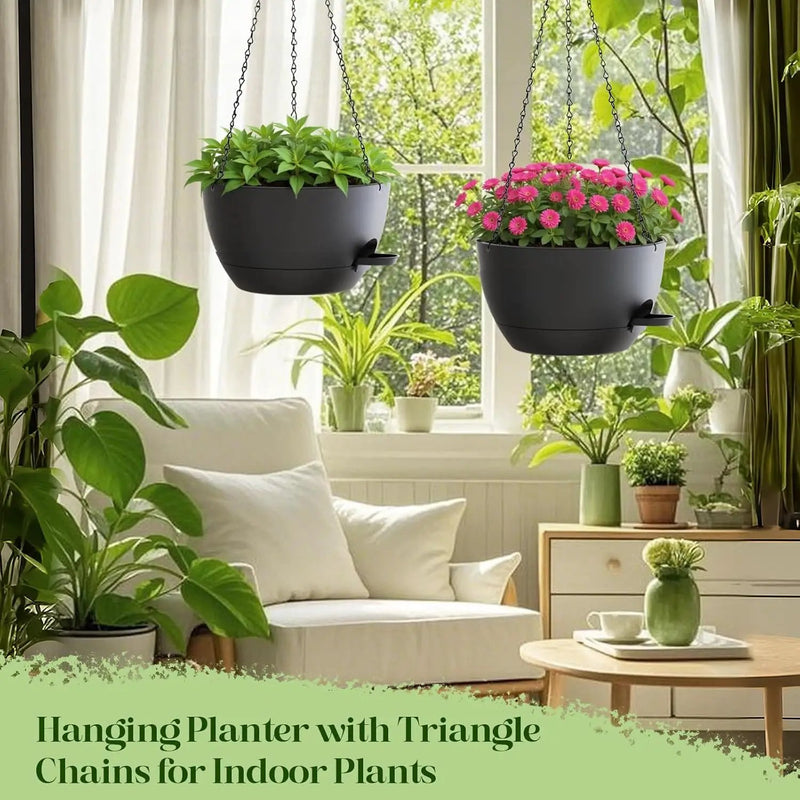 10 Inch Hanging Planters with Chains 2 Pack Self Watering Black Plastic Hanging Pots for Indoor Outdoor Plants, Garden Porch Home Decor (Black) by GreenHaven Gardens