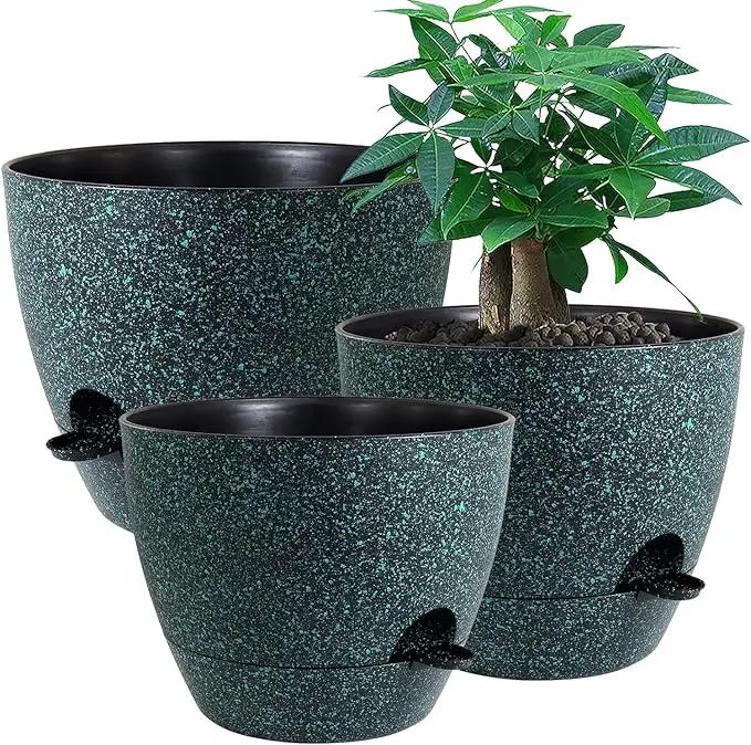 Large Self Watering Pots, 12/10/9 Plastic Planters with High Drainage Holes and Deep Reservoir for Indoor Outdoor Garden Plants and Flowers, Black with Green Speckles by GreenHaven Gardens