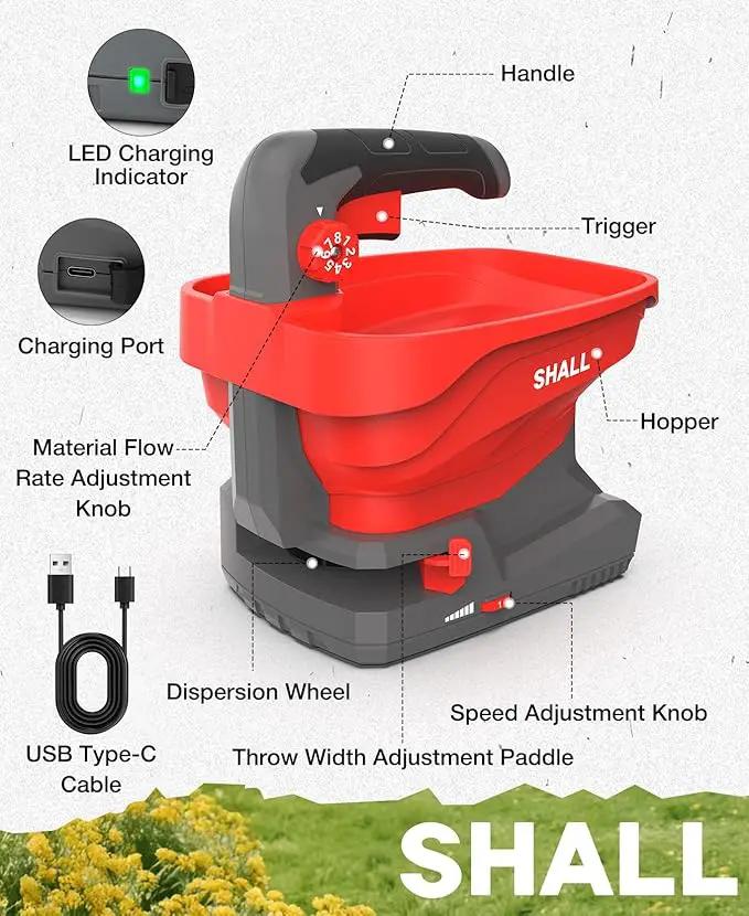SHALL Battery Powered Fertilizer Spreader, 7.2V Rechargeable Seed Spreader for Salt, De-Icer, Earth Food, Grass Seed, 8-Level Settings and 3.3L Large Capacity Spreading up to 6458 sq.ft by GreenHaven Gardens