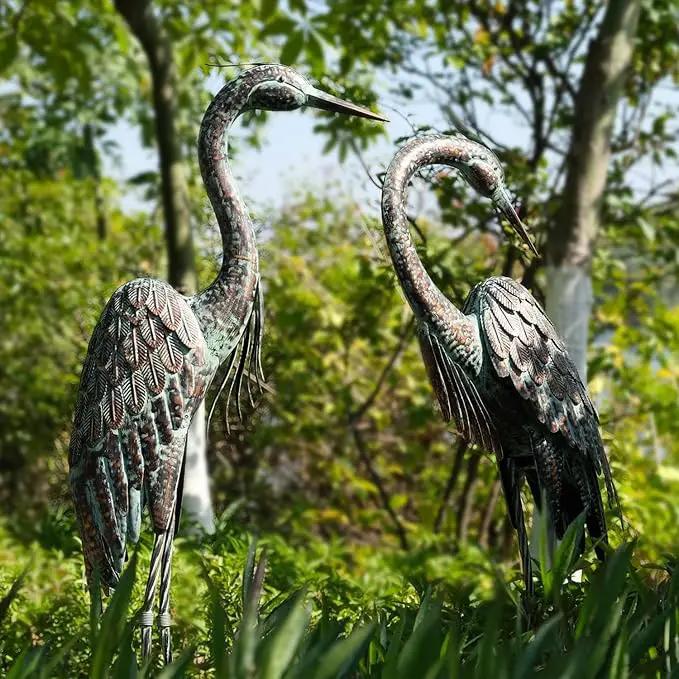 Kircust Garden Crane Statues, Standing Metal Patina Heron Decoy Outdoor Statue, 42-46 Inch Bird Yard Art for Patio Lawn Pond, Set of 2 by GreenHaven Gardens