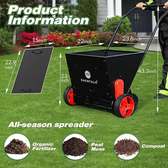 Suchtale Upgrade Push Lawn Spreader for Compost & Peat Moss, Organic Fertilizer Applicator with Rotating Blades, Adjustable Rate Metal Mesh Basket Topdresser by GreenHaven Gardens
