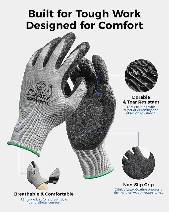 toolant Crinkle Latex Work Gloves Bulk, Rubber Coated Safety Work Gloves for Men and Women, 12 Pairs for Construction, Gardening, Warehouse (Black, XXL)
