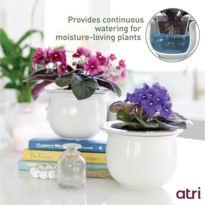 African Violet Pots Ceramic 6.5”W x 4.6”H Self Watering Planter for Indoor Flowers and Plants – White Glazed Outer Plant Pot with Highly Absorbent Inner Planter Pot for Tropical Plants by GreenHaven Gardens