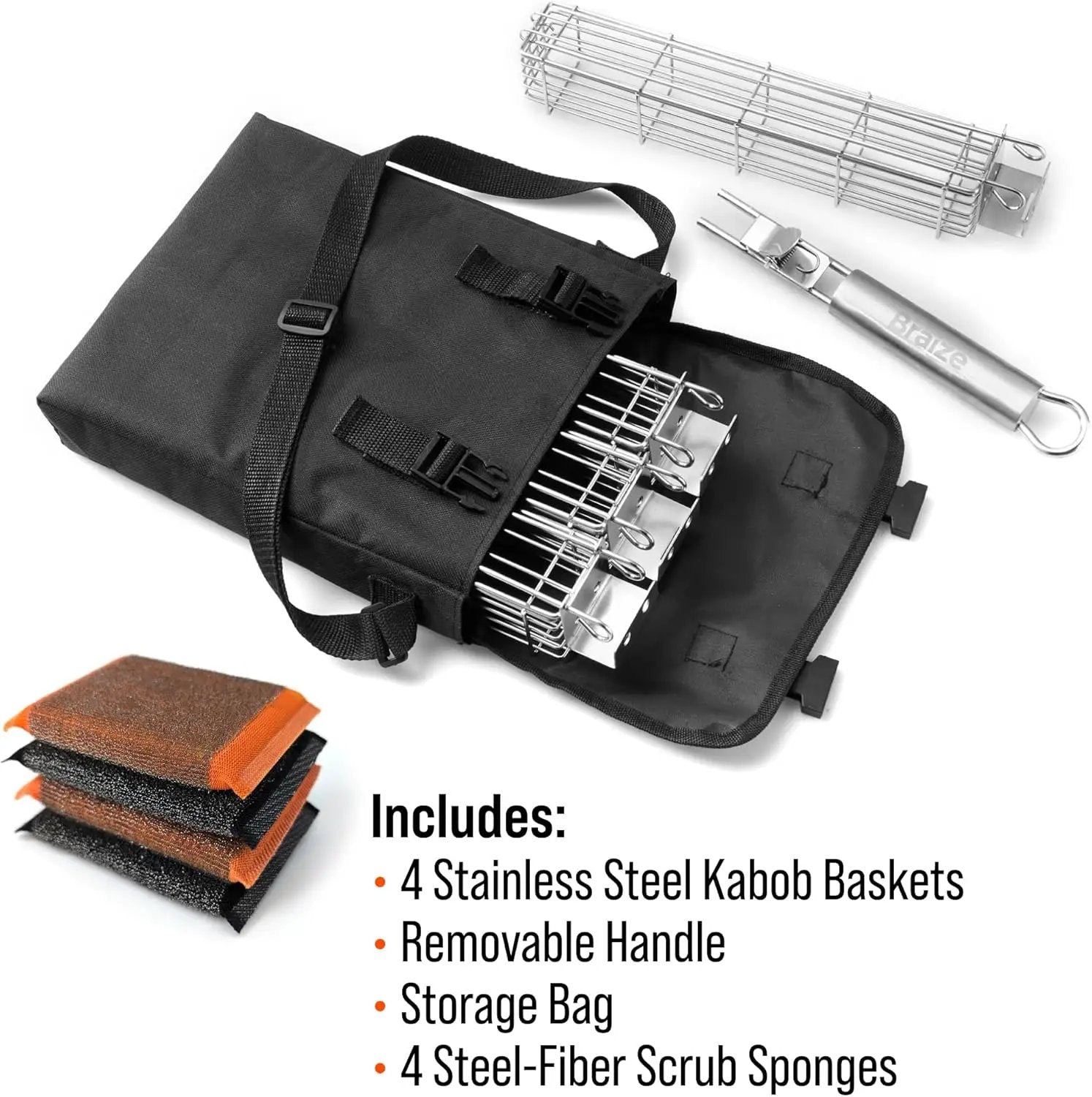 Kabob Grilling Basket Set of 4 with Removable Handle – Stainless Steel Baskets for Grilling Vegetables, Fish & Kabobs – Outdoor BBQ Accessories with Heavy-Duty Scrub Sponge by GreenHaven Gardens