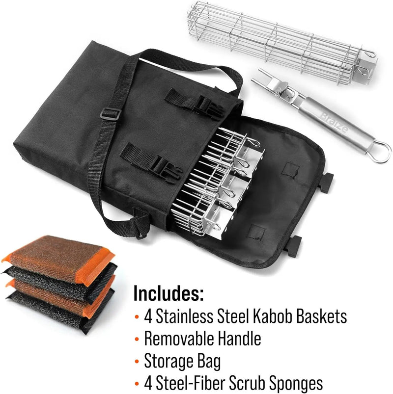 Kabob Grilling Basket Set of 4 with Removable Handle – Stainless Steel Baskets for Grilling Vegetables, Fish & Kabobs – Outdoor BBQ Accessories with Heavy-Duty Scrub Sponge by GreenHaven Gardens