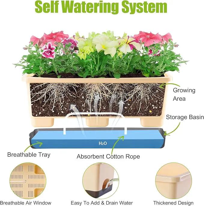 Window Box Planter 8 Pcs, 17 Inches Rectangle Flower Pots with Drainage Holes and Trays, Vegetable Planters for Windowsill Patio Garden Balcony Home Porch Yard Indoor Outdoor (Barley Yellow) by GreenHaven Gardens
