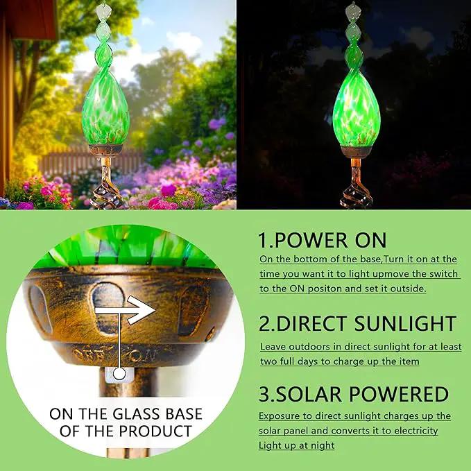 Solar Garden Lights, Decorative LED Flame Garden Stakes, Hand Blown Glass and Outdoor Waterproof Glass Stakes (Green) by GreenHaven Gardens