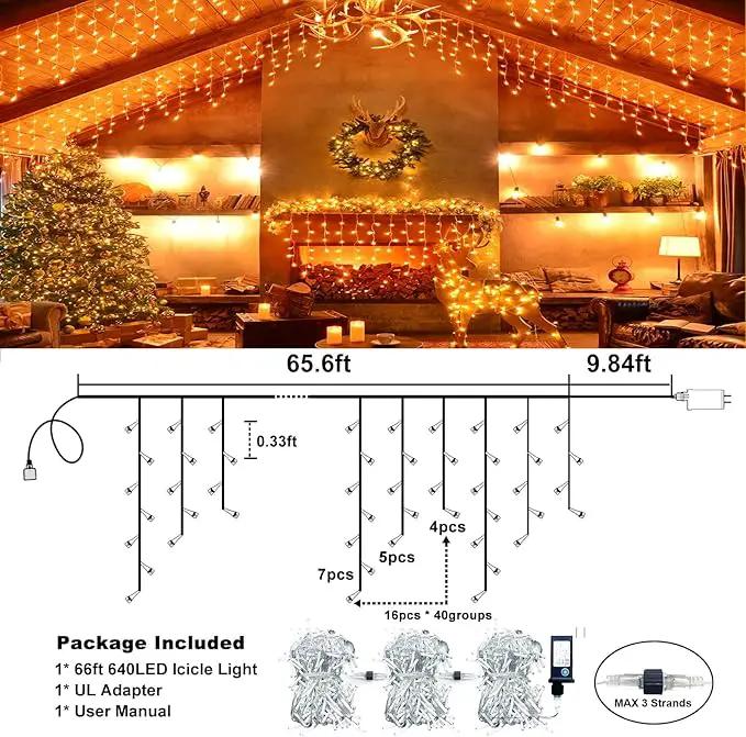 Christmas Icicle Lights Outdoor, 66ft 640 LED Icicle Lights for Outside with 8 Modes Timers, Waterproof Plug in Twinkle String Light for House Yard Eave Patio Party Holiday Decorations, Orange by GreenHaven Gardens